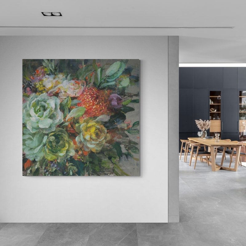 Exotic Bouquet by Danhui Nai wall art in a hallway