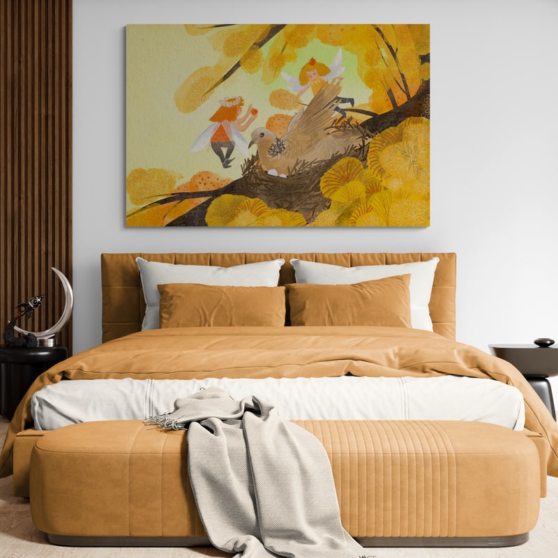 Fairies and the Dove by Lisha Sun wall art in a bedroom