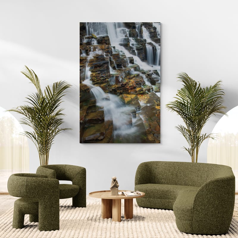 Falls On Mcdonald Creek Color by Alan Majchrowicz wall art in a living room