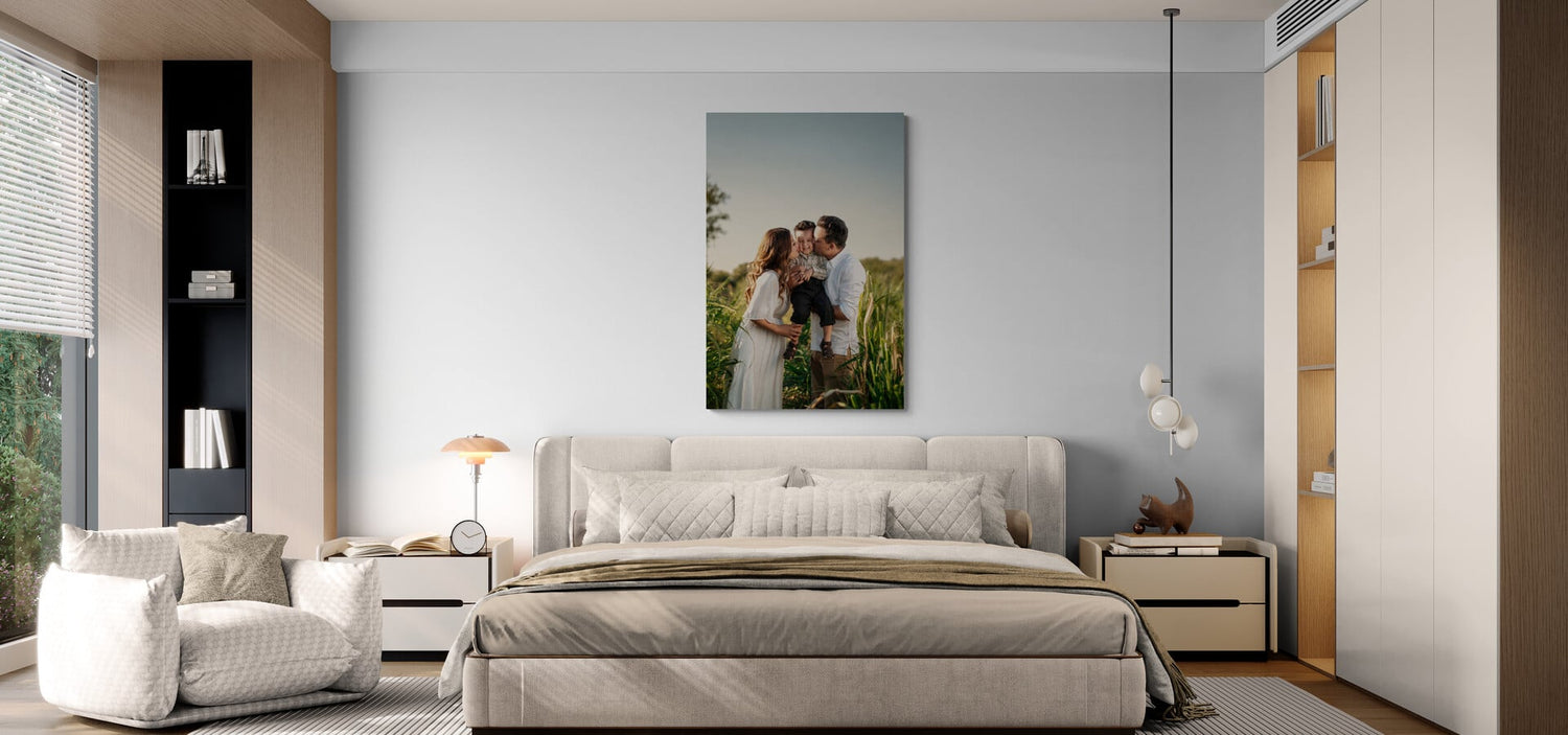 Custom family photo wall art in a modern neutral bedroom