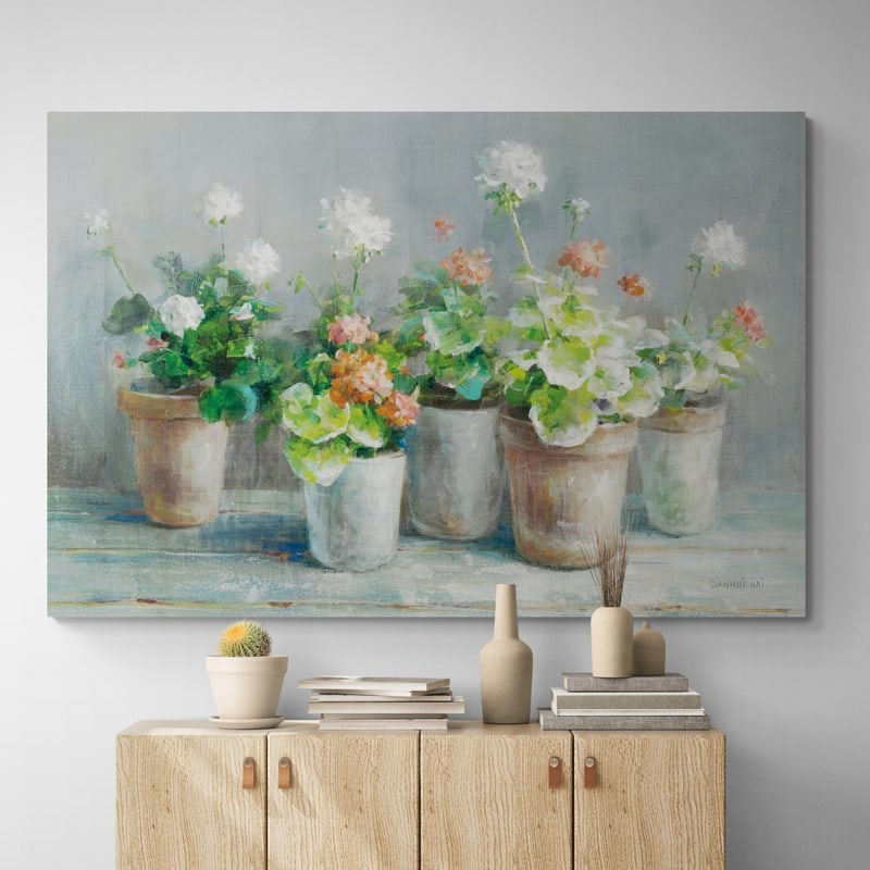Farmhouse Geraniums by Danhui Nai wall art in a hallway