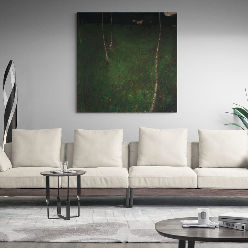 Farmhouse with Birch Trees by Gustav Klimt wall art in a living room