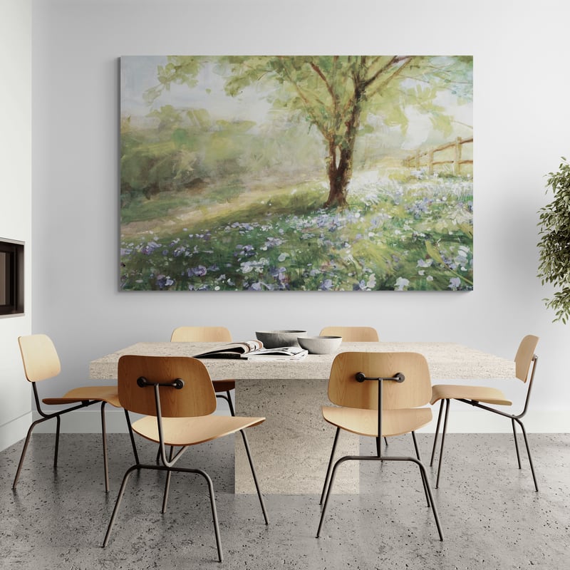 Field of Bluebells Neutral by Danhui Nai wall art in a dining room