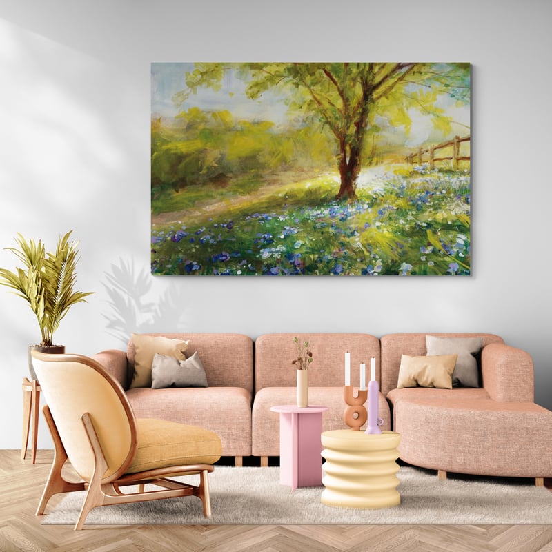 Field of Bluebells by Danhui Nai wall art in a living room