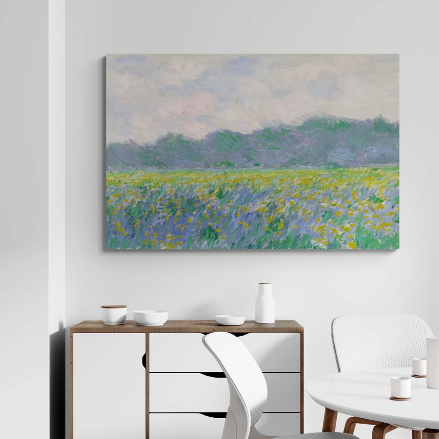 Field Of Yellow Irises At Giverny by Claude Monet wall art in a dining room