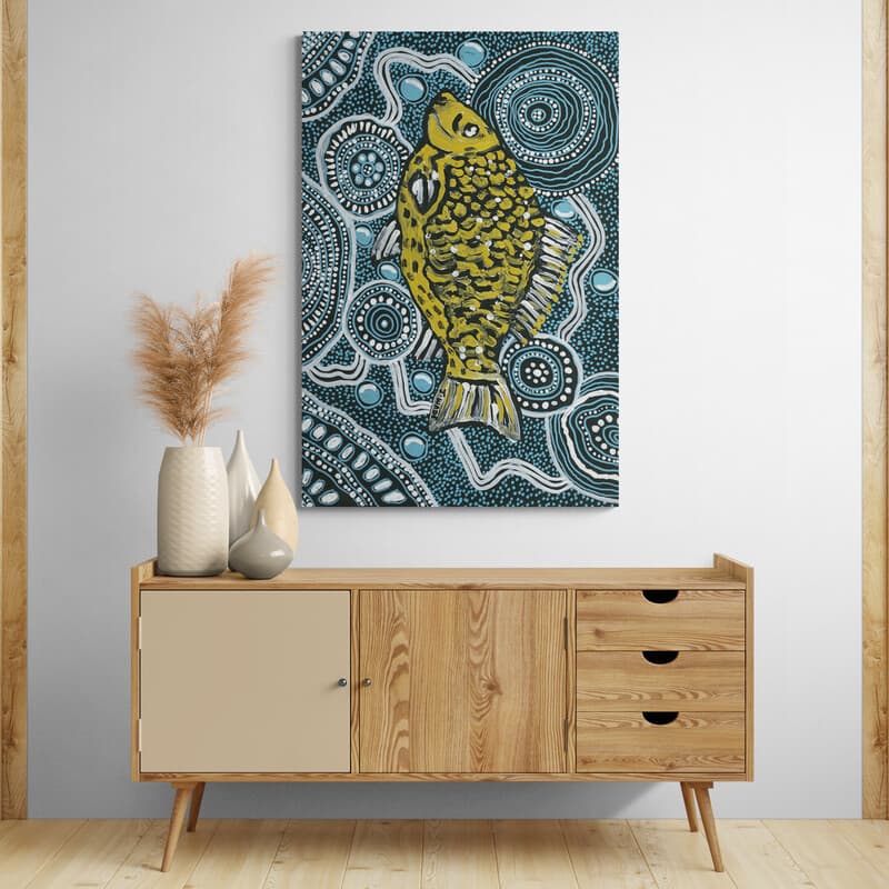 Fish Waters by Julianne Wade wall art in a hallway