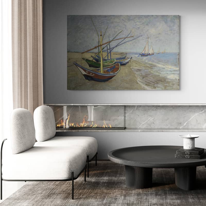 Fishing Boats on the Beach at Les Saintes-Maries 1888 by Vincent Van Gogh wall art in a living room