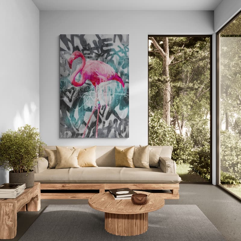 Flamingo Graffiti 1 by Nina Blue wall art in a living room