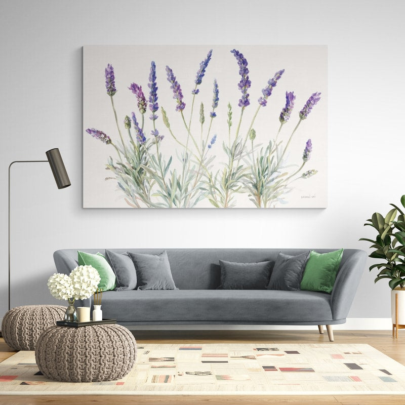 Floursack Lavender V On Linen by Danhui Nai wall art in a living room