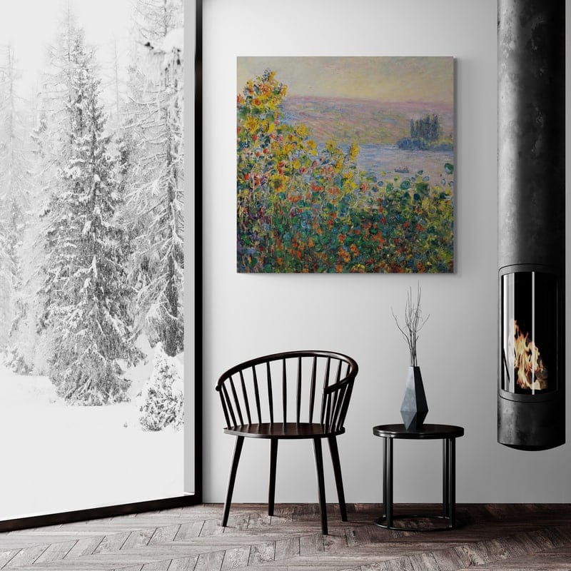 Flower Beds at Vetheuil 1881 II by Claude Monet wall art in a living room