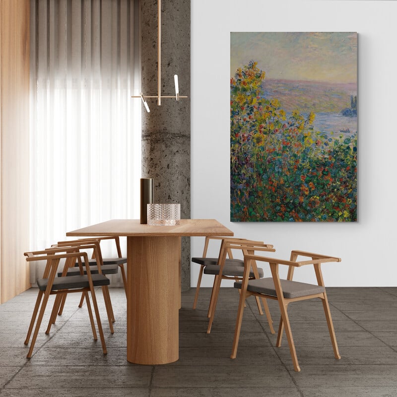 Flower Beds at Vetheuil 1881 by Claude Monet wall art in a dining room