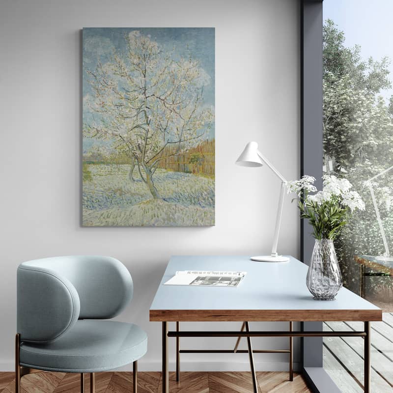 Flowering Peach Trees 1888 by Vincent Van Gogh wall art in a living room
