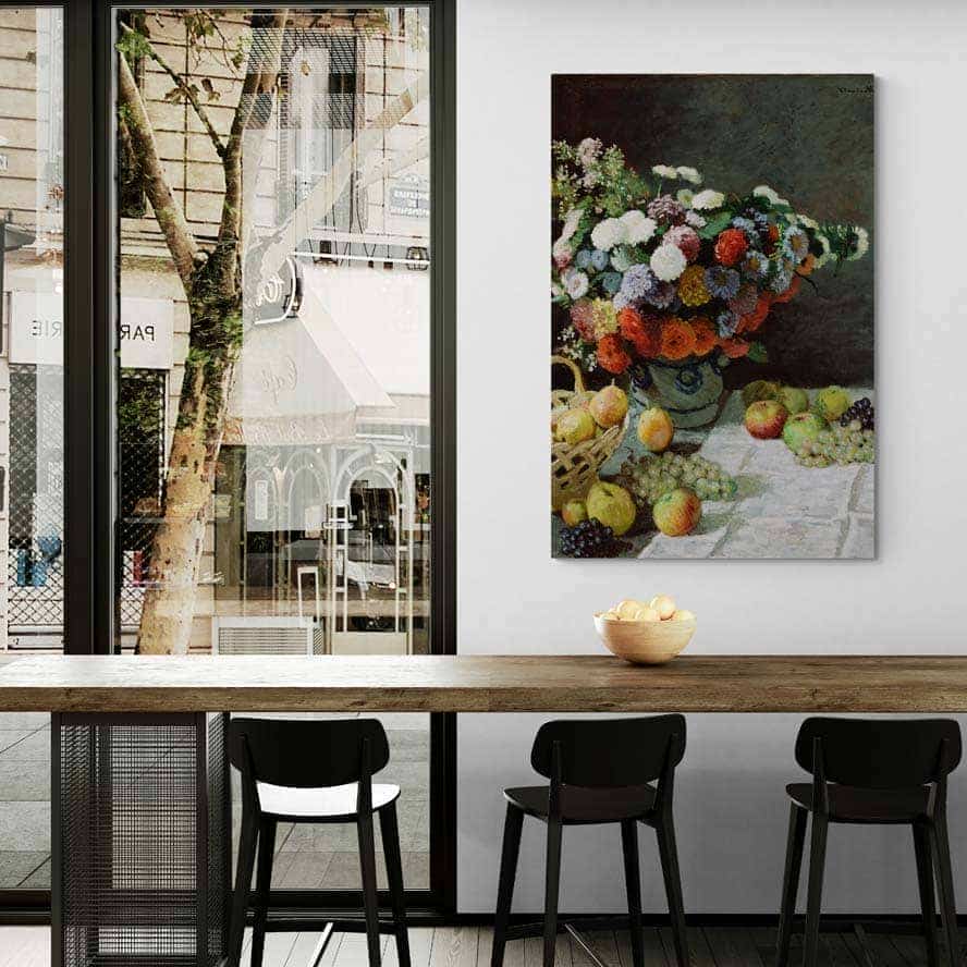 Flowers And Fruit by Claude Monet wall art in a dining room