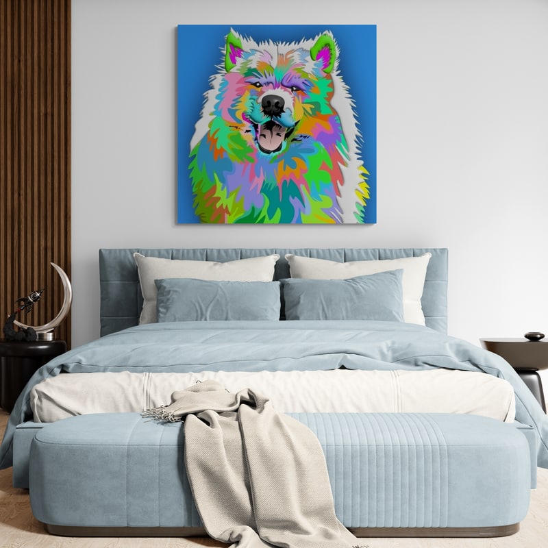 Fluffy Happy Dog by Technodrome1 wall art in a bedroom