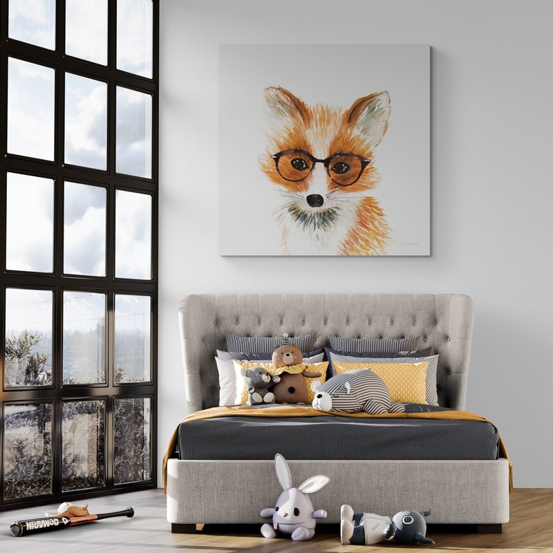Fox in Glasses by Mercedes Lopez Charro wall art in a living room