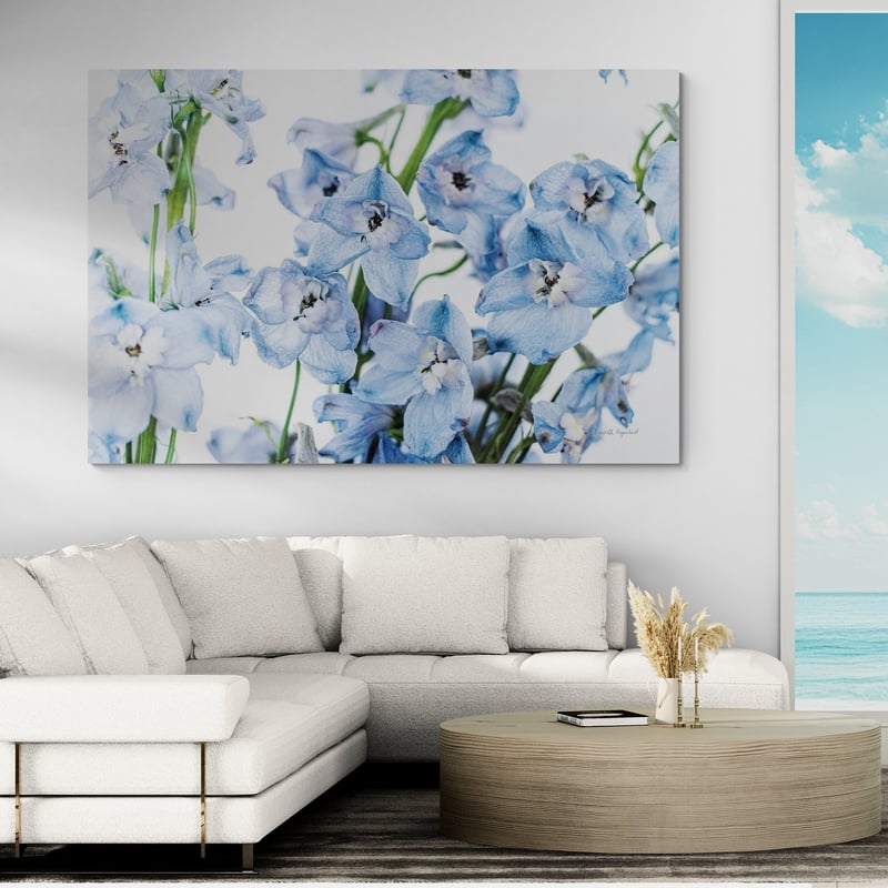 Freshly Picked Delphinium I by Elizabeth Urquhart wall art in a living room