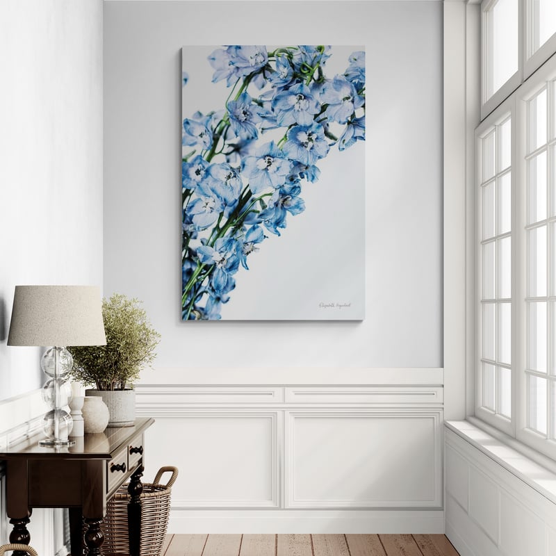 Freshly Picked Delphinium IV by Elizabeth Urquhart wall art in a hallway