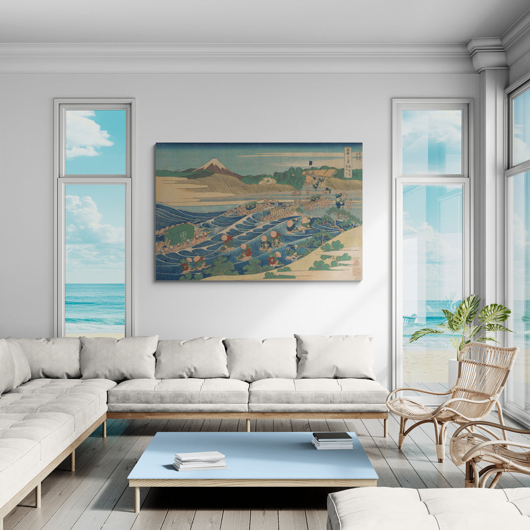 Fuji At Kanaya On The Tokaido by Katsushika Hokusai wall art in a living room