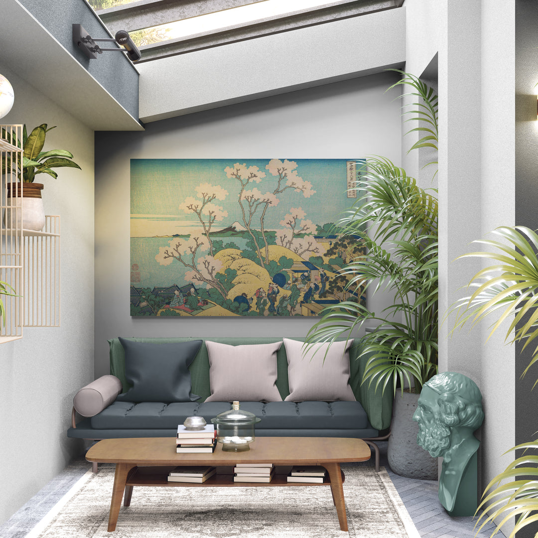 Fuji From Gotenyama On The Tokaido At Shinagawa by Katsushika Hokusai wall art in a living room