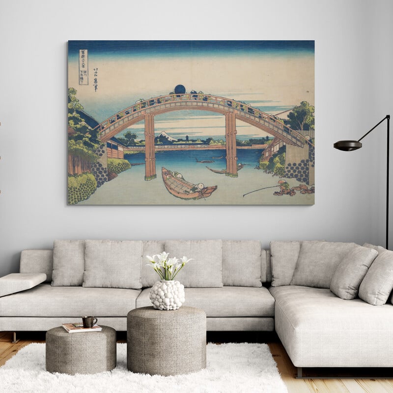 Fuji Seen Through The Mannen Bridge by Katsushika Hokusai wall art in a living room