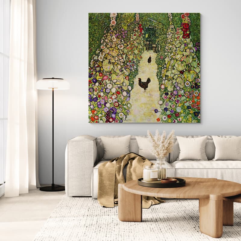 Garden with Chickens by Gustav Klimt wall art in a living room