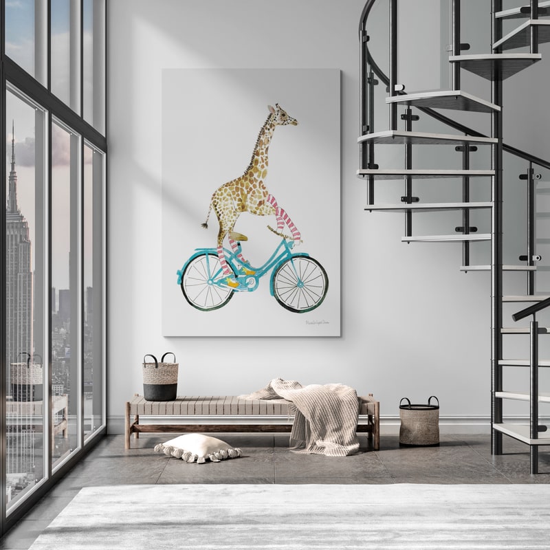 Giraffe Joy Ride I No Balloons by Mercedes Lopez Charro wall art in a living room