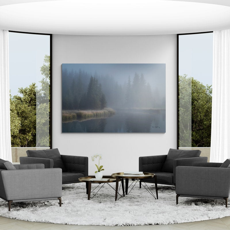 Grand Teton Lake Fog by Alan Majchrowicz wall art in a living room