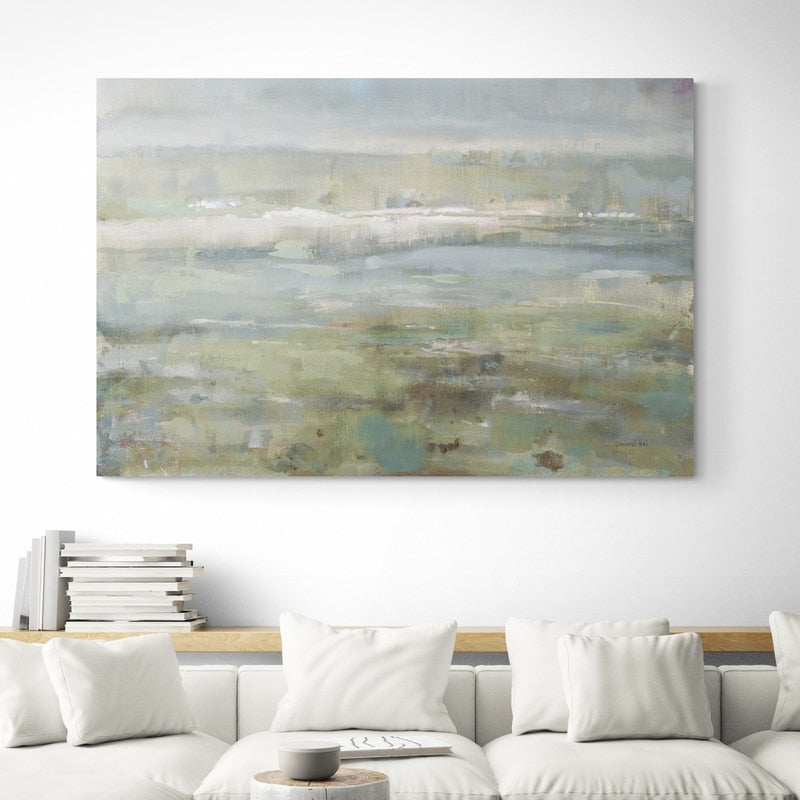 Gray Blue Field by Danhui Nai wall art in a living room