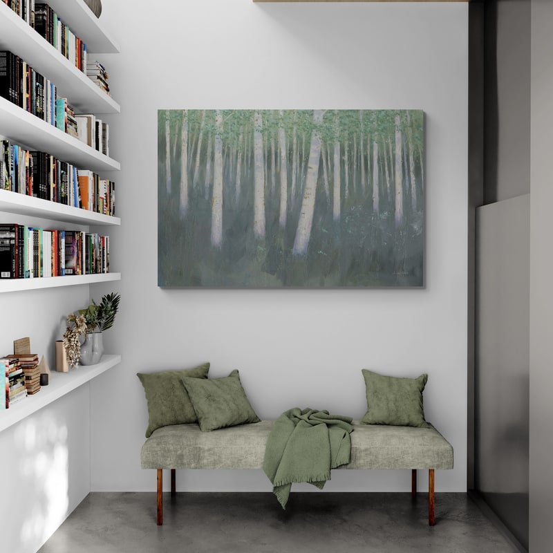 Green Forest Hues II by James Wiens wall art in a hallway