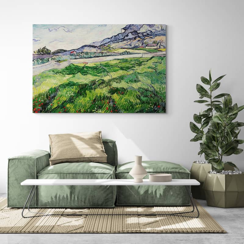 Green Wheat Field 1889 by Vincent Van Gogh wall art in a living room