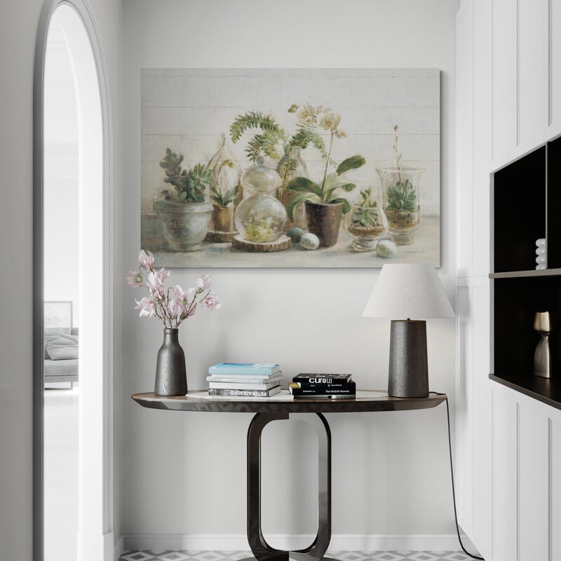 Greenhouse Orchids On Shiplap by Danhui Nai wall art in a hallway