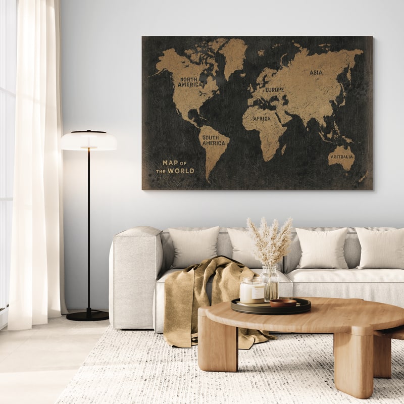 Grunge World Map Black Gold by James Wiens wall art in a living room