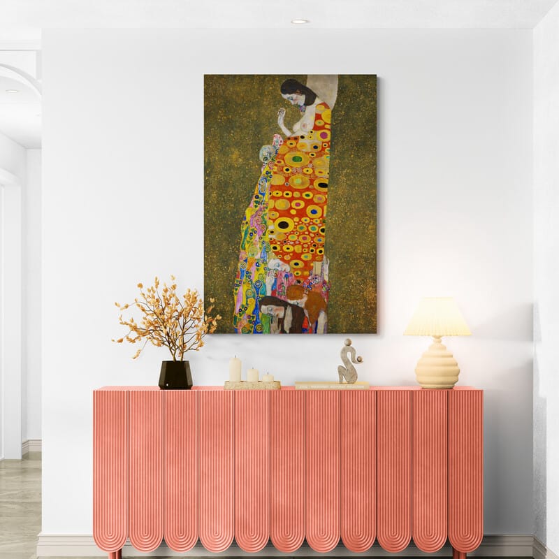 Hope II (Portrait) by Gustav Klimt wall art in a hallway