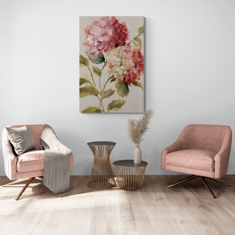Harmonious Hydrangeas Linen by Lisa Audit wall art in a living room