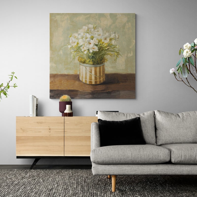 Hatbox Freesia by Danhui Nai wall art in a living room