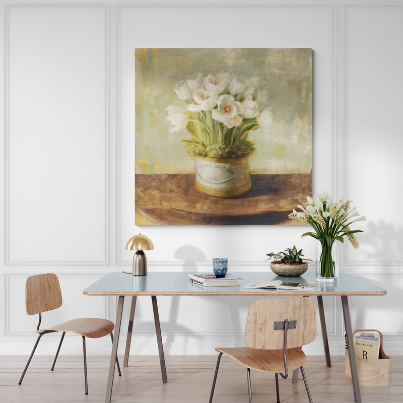 Hatbox Tulips by Danhui Nai wall art in a dining room