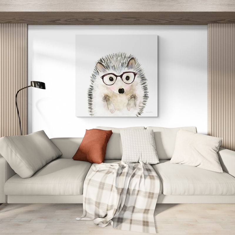 Hedgehog in Glasses by Mercedes Lopez Charro wall art in a living room