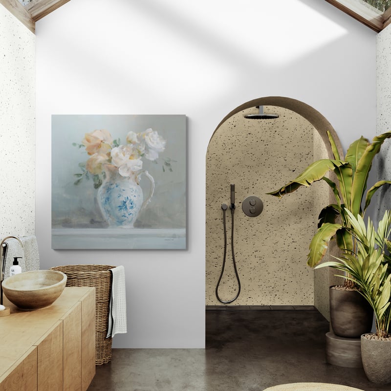 Heirloom Bouquet II by Danhui Nai wall art in a bathroom