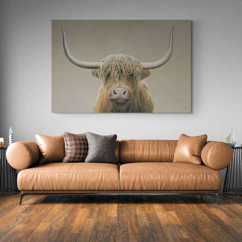 Highland Cow Neutral by James Wiens wall art in a living room