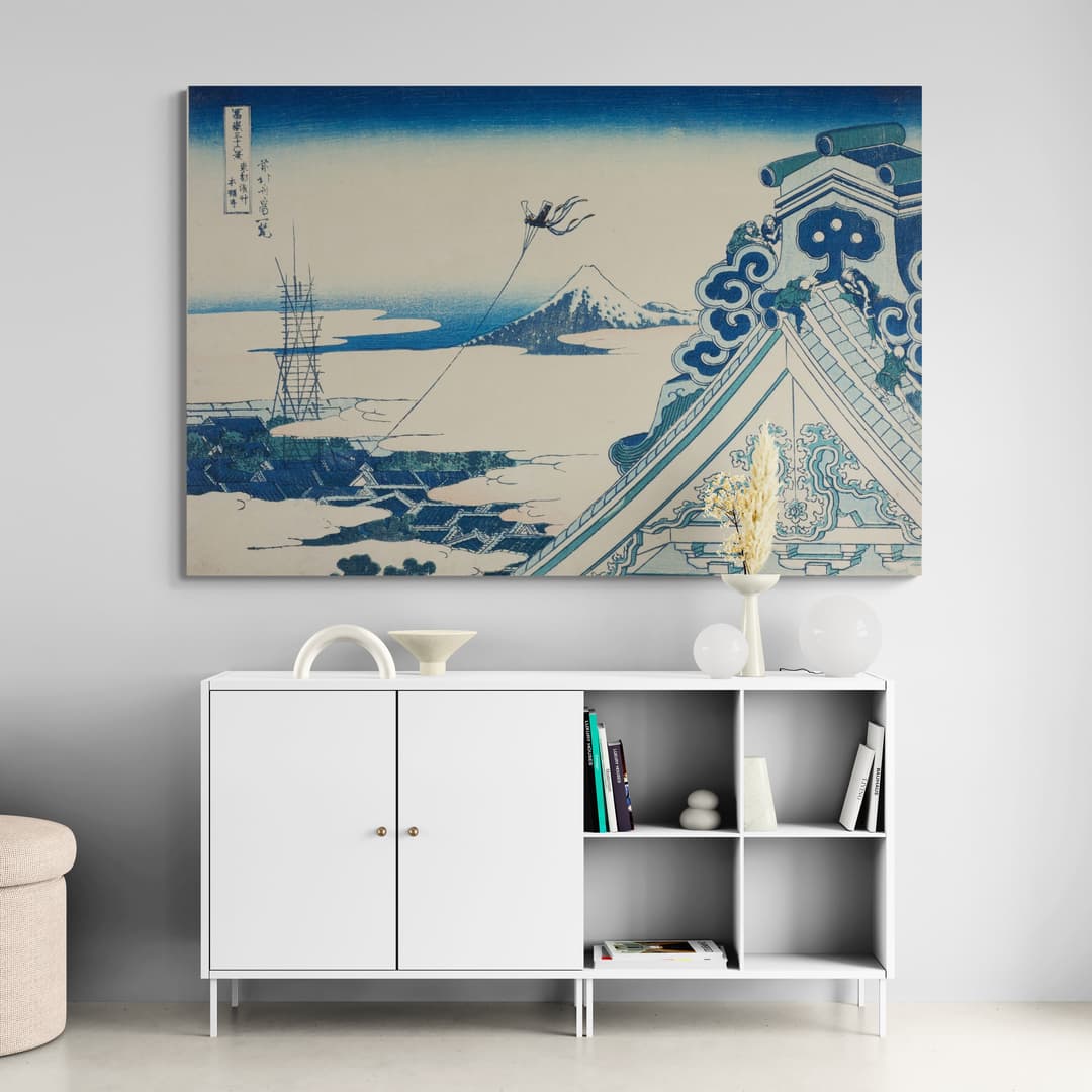 Honganji Temple At Asakusa In The Eastern Capital by Katsushika Hokusai wall art in a hallway