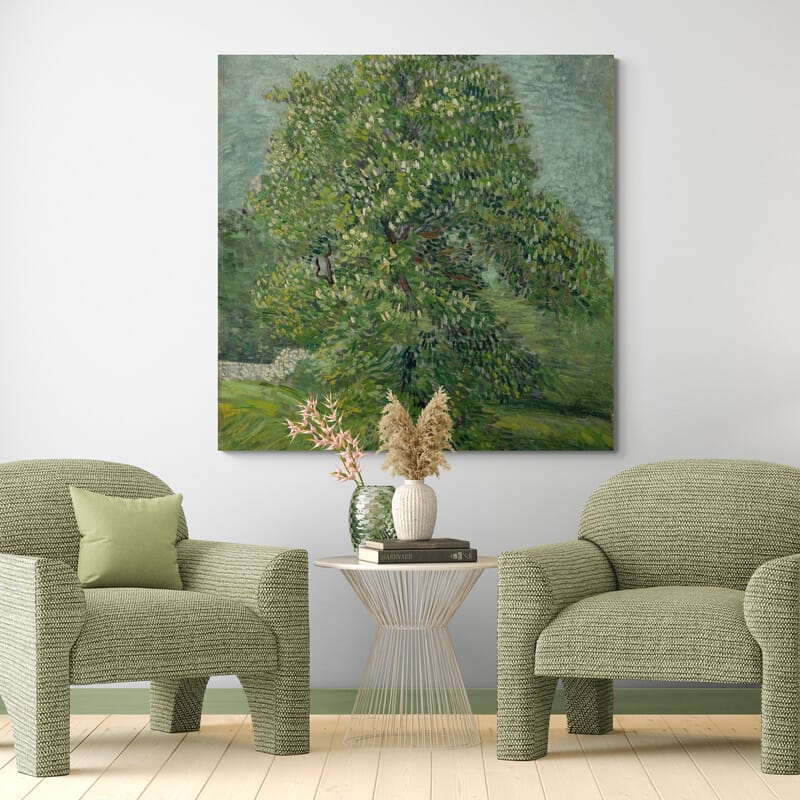 Horse Chestnut Tree in Blossom 1887 by Vincent Van Gogh wall art in a living room