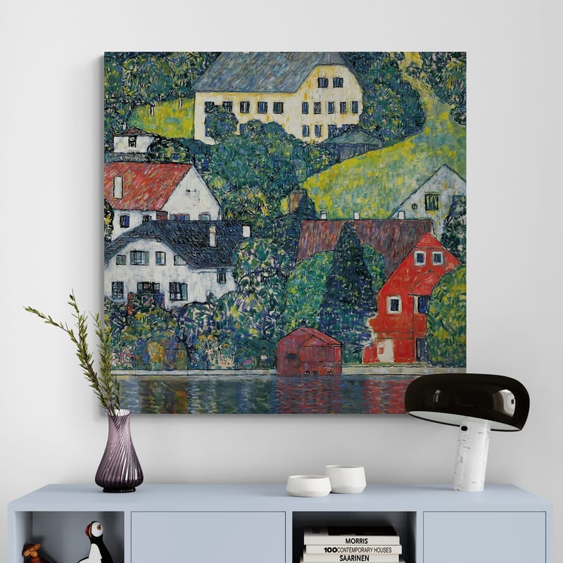 Houses at Unterach on the Attersee by Gustav Klimt wall art in a hallway