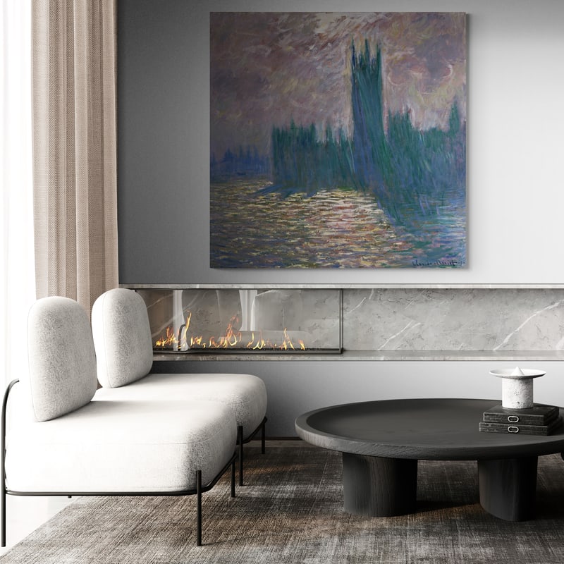Houses of Parliament Reflection of the Thames 1900-01 by Claude Monet wall art in a living room