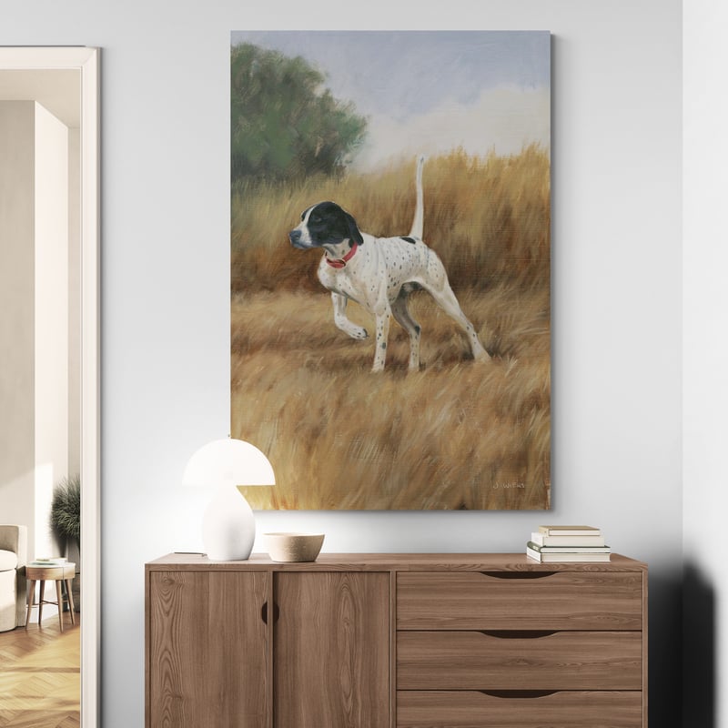 Hunting Dog II by James Wiens wall art in a hallway