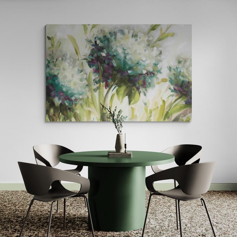 Hydrangea Field by Lisa Audit wall art in a dining room