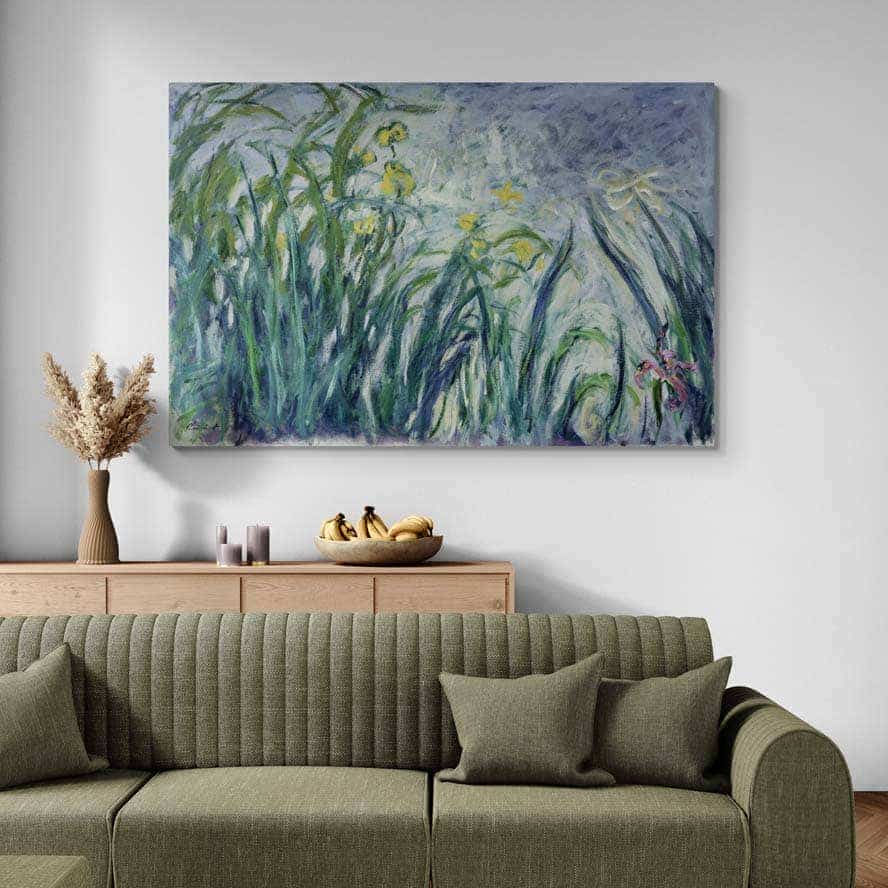 Iris Jaunes Et Mauves by Claude Monet wall art in a living room