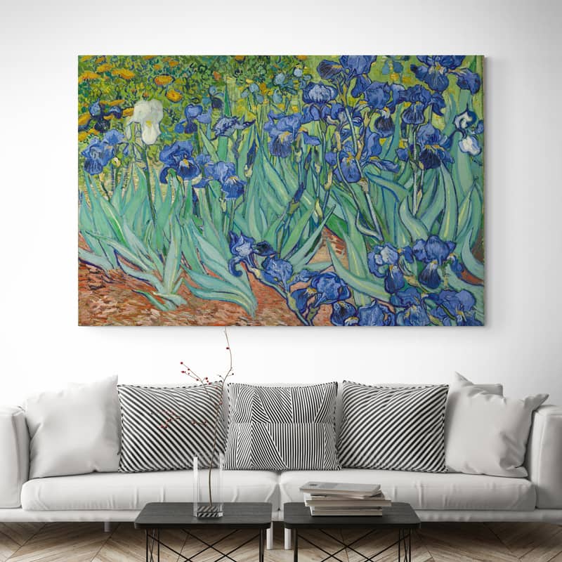Irises 1889 by Vincent Van Gogh wall art in a living room