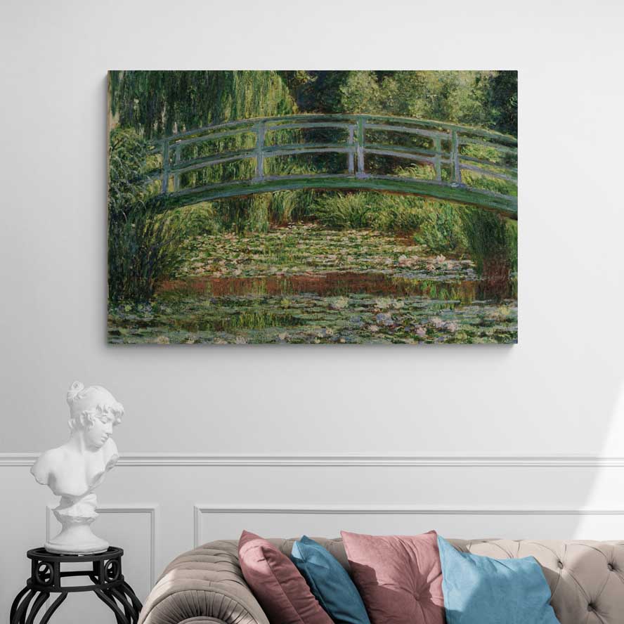 Japanese Footbridge and the Water Lily Pool, Giverny 1899 II by Claude Monet wall art in a living room