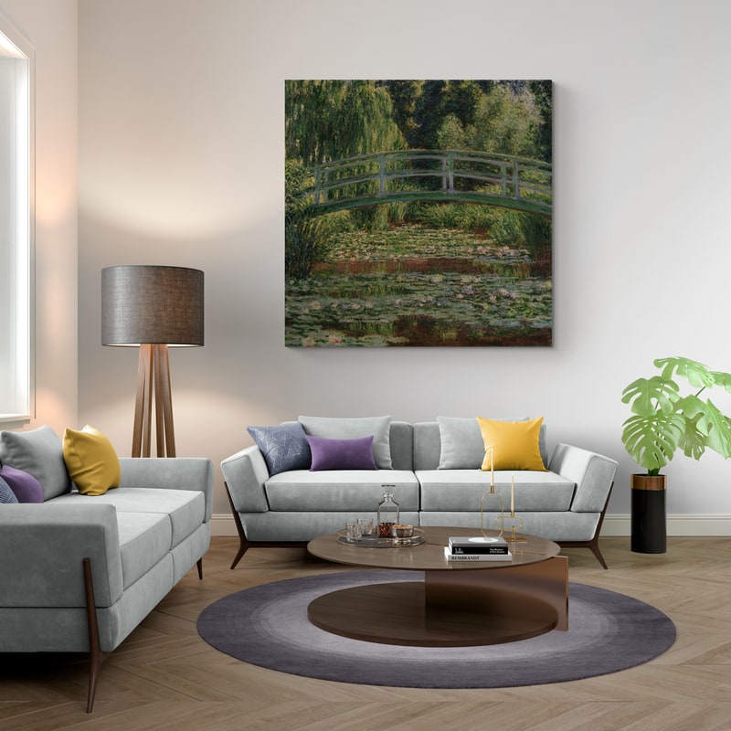 Japanese Footbridge And The Water Lily Pool Giverny by Claude Monet wall art in a living room
