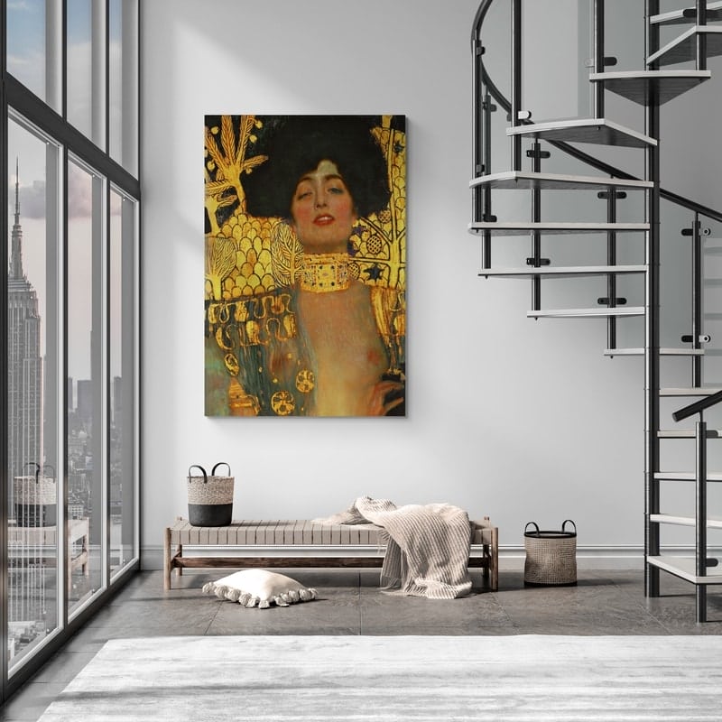 Judith And The Head Of Holofernes by Gustav Klimt wall art in a living room